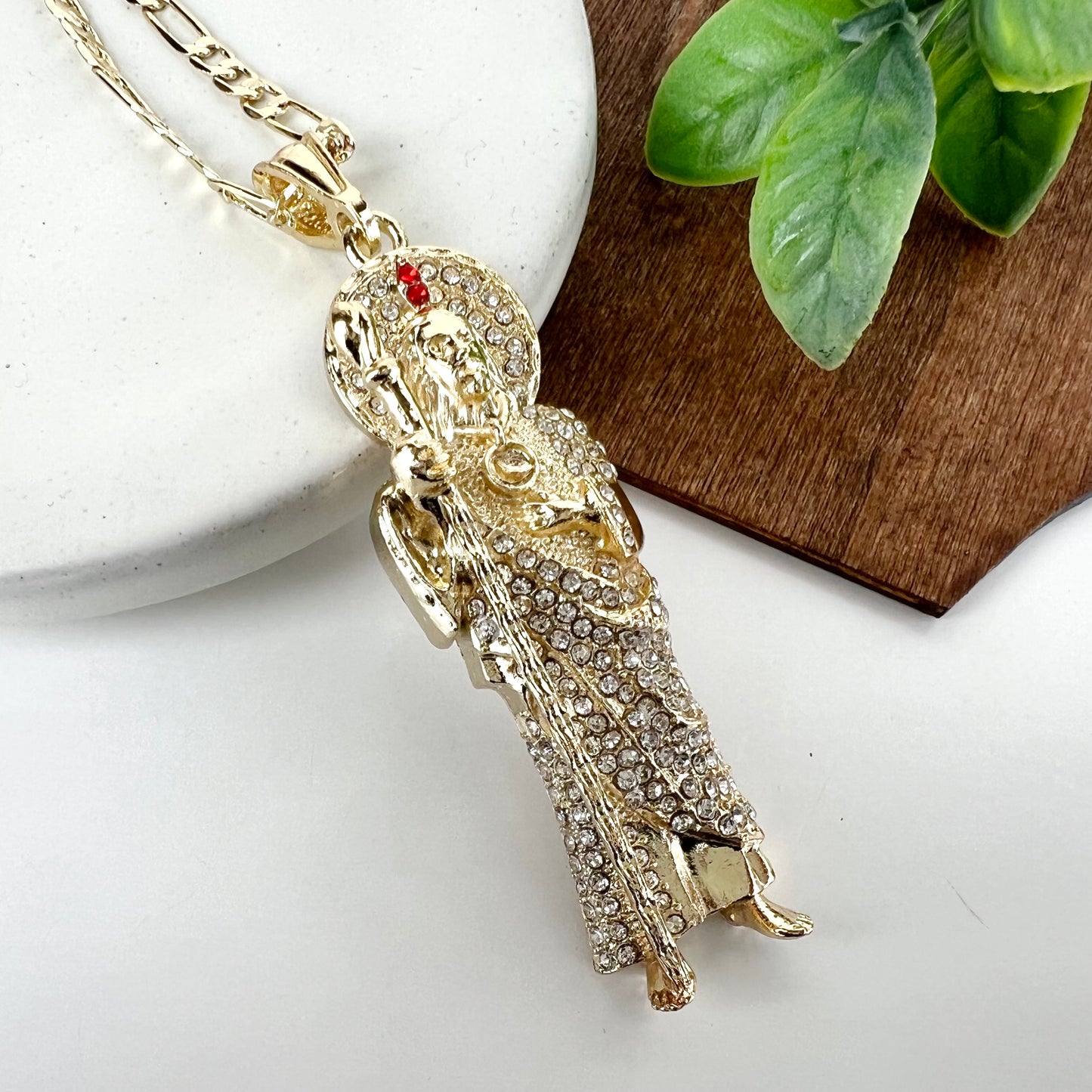 Saint Jude Pendant Figaro 24" Medalla Necklace San Judas 2.5” Pendant 14K Gold Plated