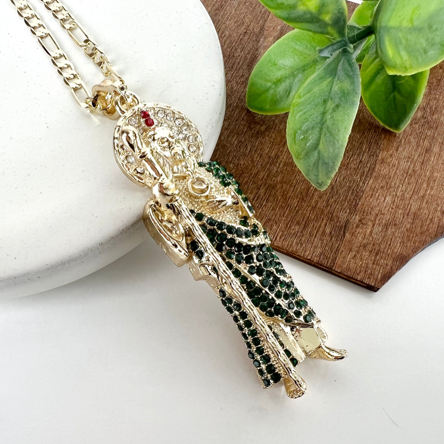 Saint Jude Pendant Figaro 24" Medalla Necklace San Judas 2.5” Pendant 14K Gold Plated