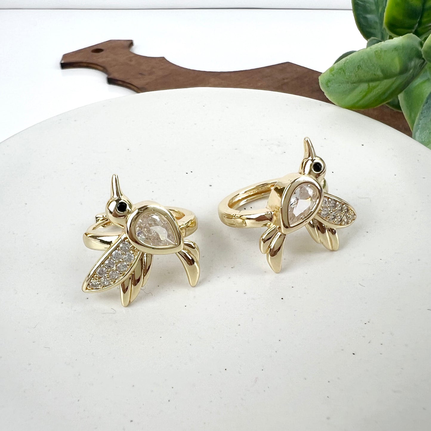 14K Gold Plated Stunning Hummingbird Hoop Earrings Simulated Cubic Zirconia
