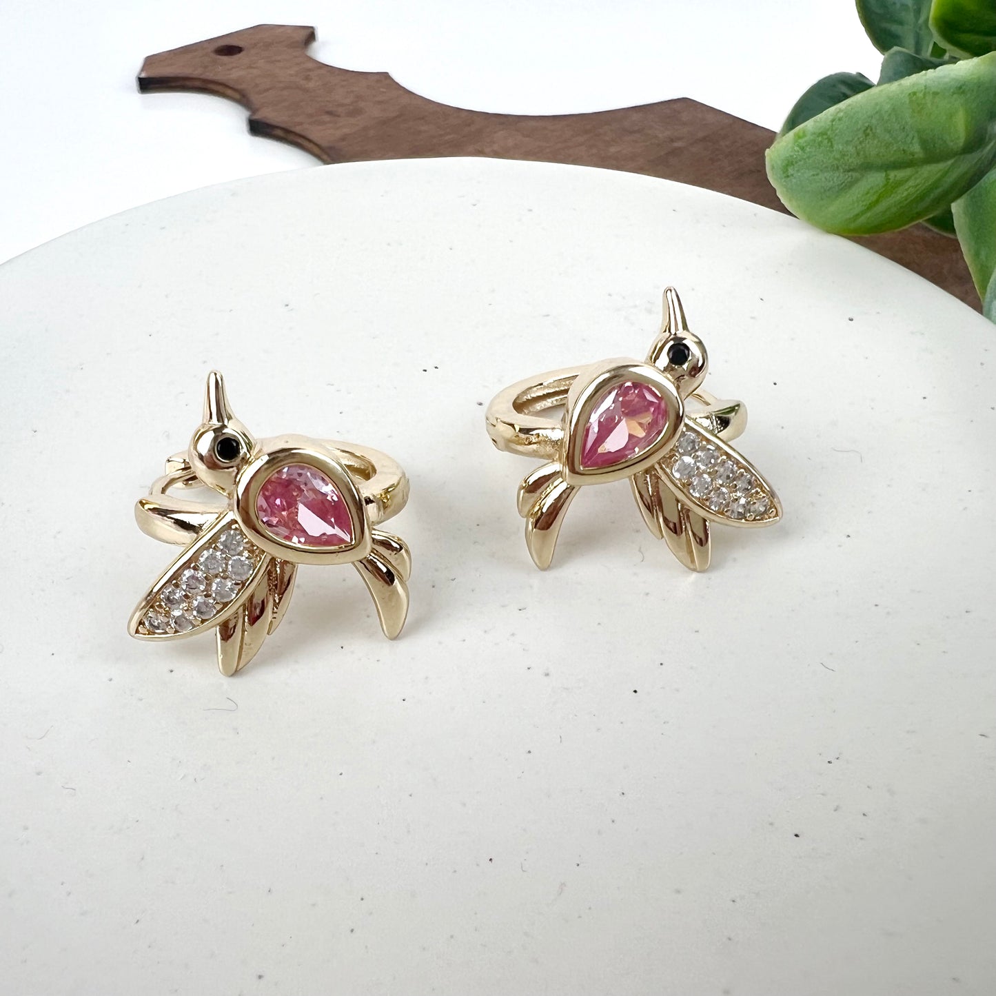 14K Gold Plated Stunning Hummingbird Hoop Earrings Simulated Cubic Zirconia