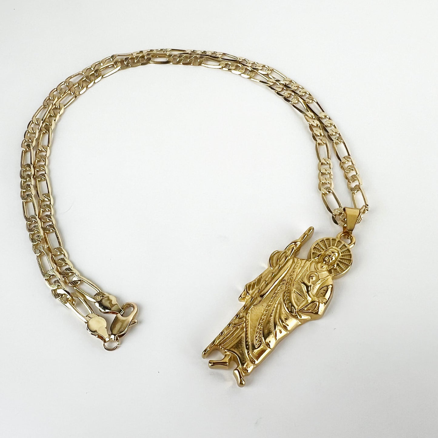 Saint Jude Pendant Figaro 24" Medalla Necklace San Judas 3” Pendant 14K Gold Plated