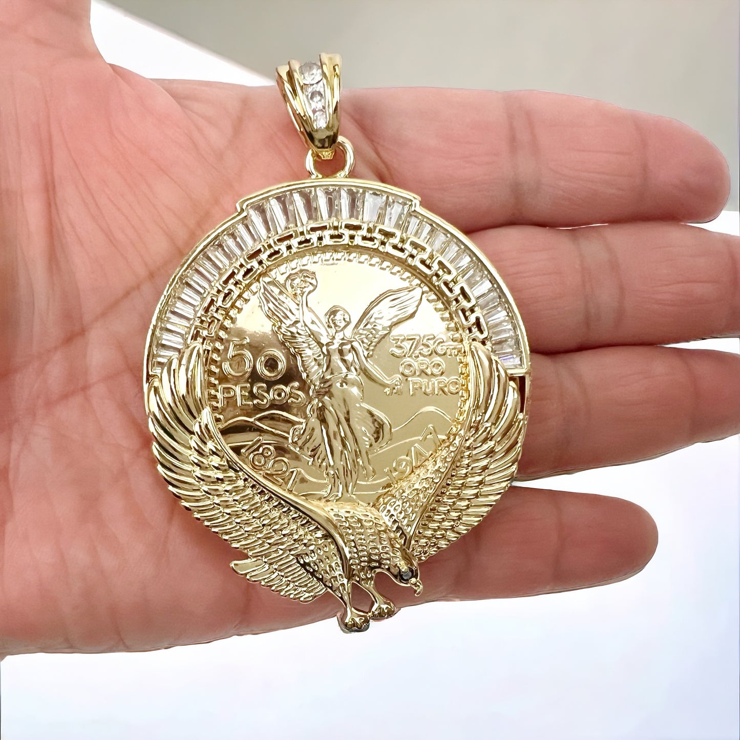 Hip Hop 14k Gold Plated Centenario Pendant Cubic Zirconia Mexican Eagle Bling