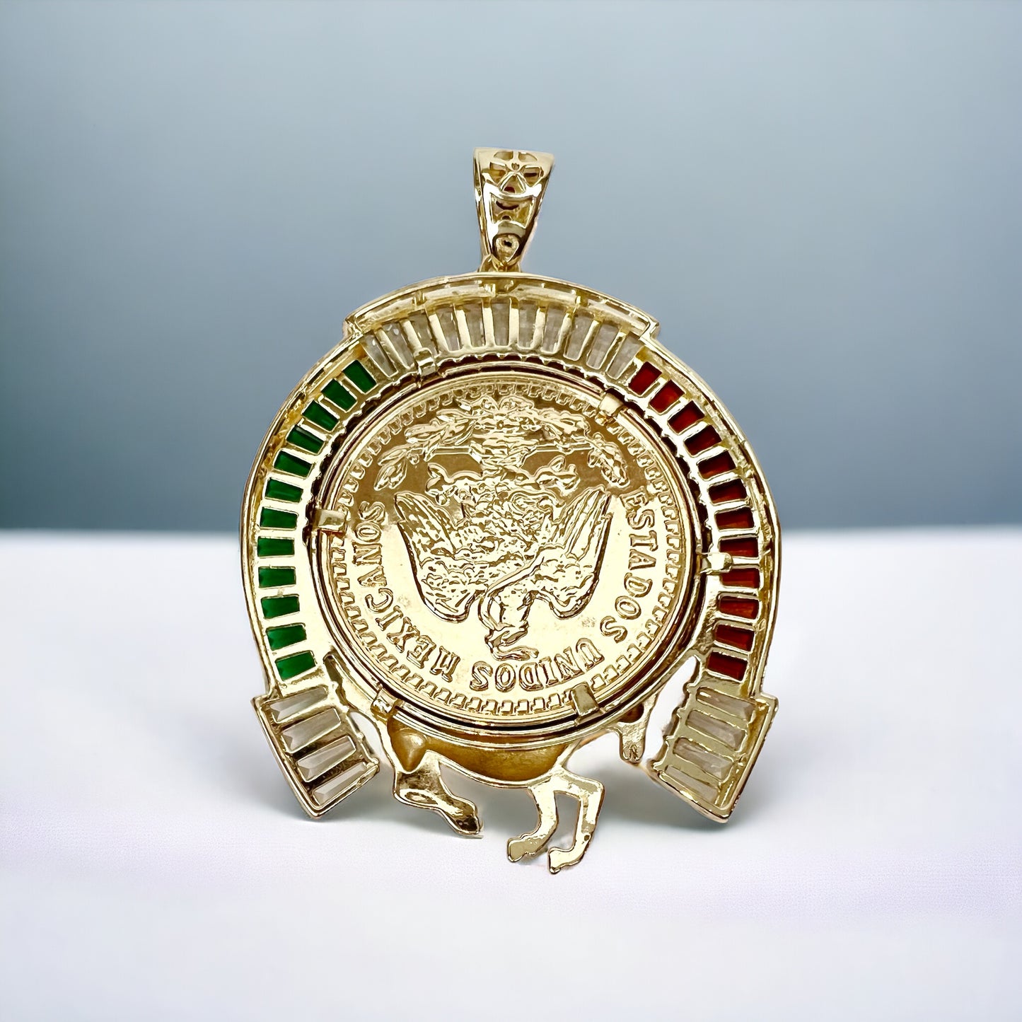 Hip Hop 14k Gold Plated Centenario Pendant Cubic Zirconia Mexican Horse Figure Bling