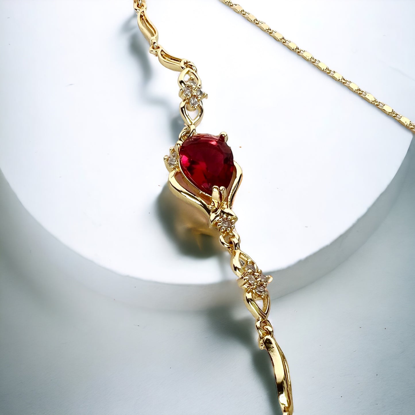 Necklace Earrings Bracelet Set, 14K Gold Plated Garnet Red Jewelry Set Wedding Party Gift Jewelry for Women