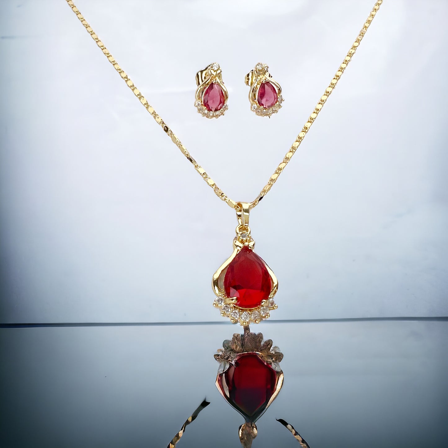 Necklace Earrings Bracelet Set, 14K Gold Plated Garnet Red Jewelry Set Wedding Party Gift Jewelry for Women