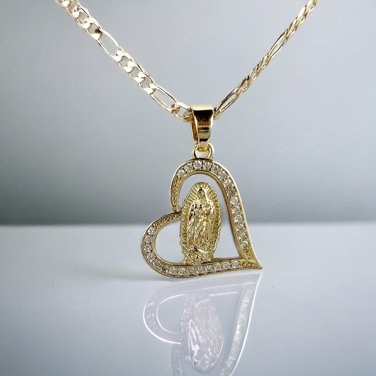 14K Gold Plated La Virgen De Guadalupe CZ Heart Pendant Figaro Chain 18" 2.5mm