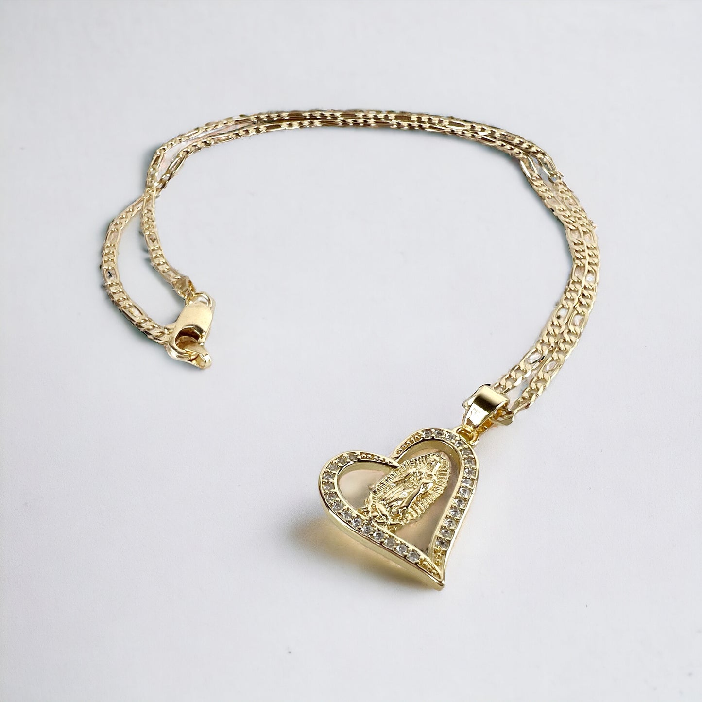 14K Gold Plated La Virgen De Guadalupe CZ Heart Pendant Figaro Chain 18" 2.5mm