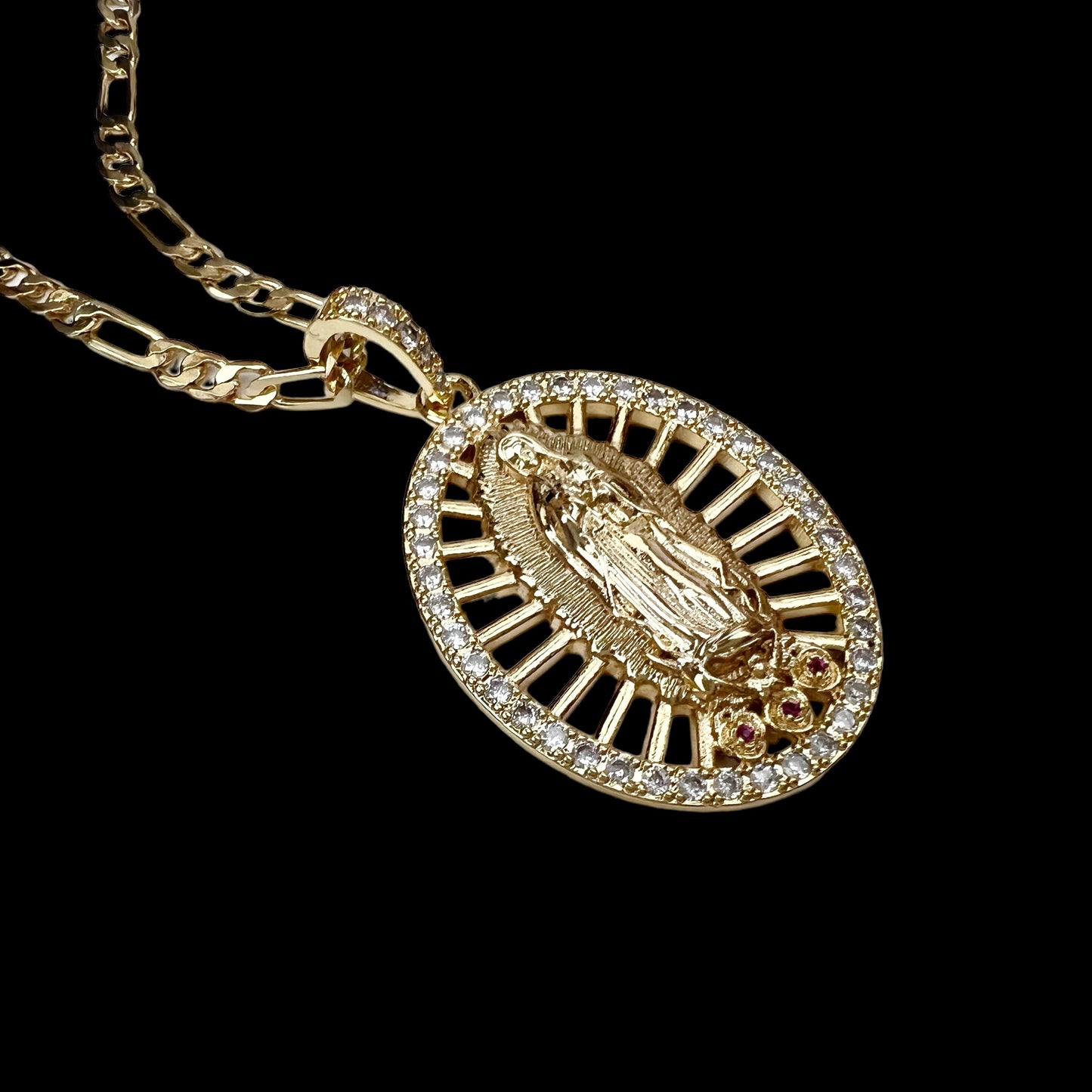 14K Gold Plated Guadalupe Virgin Mary Pendant Necklace for Women Men White Color Zircon Oval Virgin Mary 3.6mm Figaro Chain Necklace 24 inches