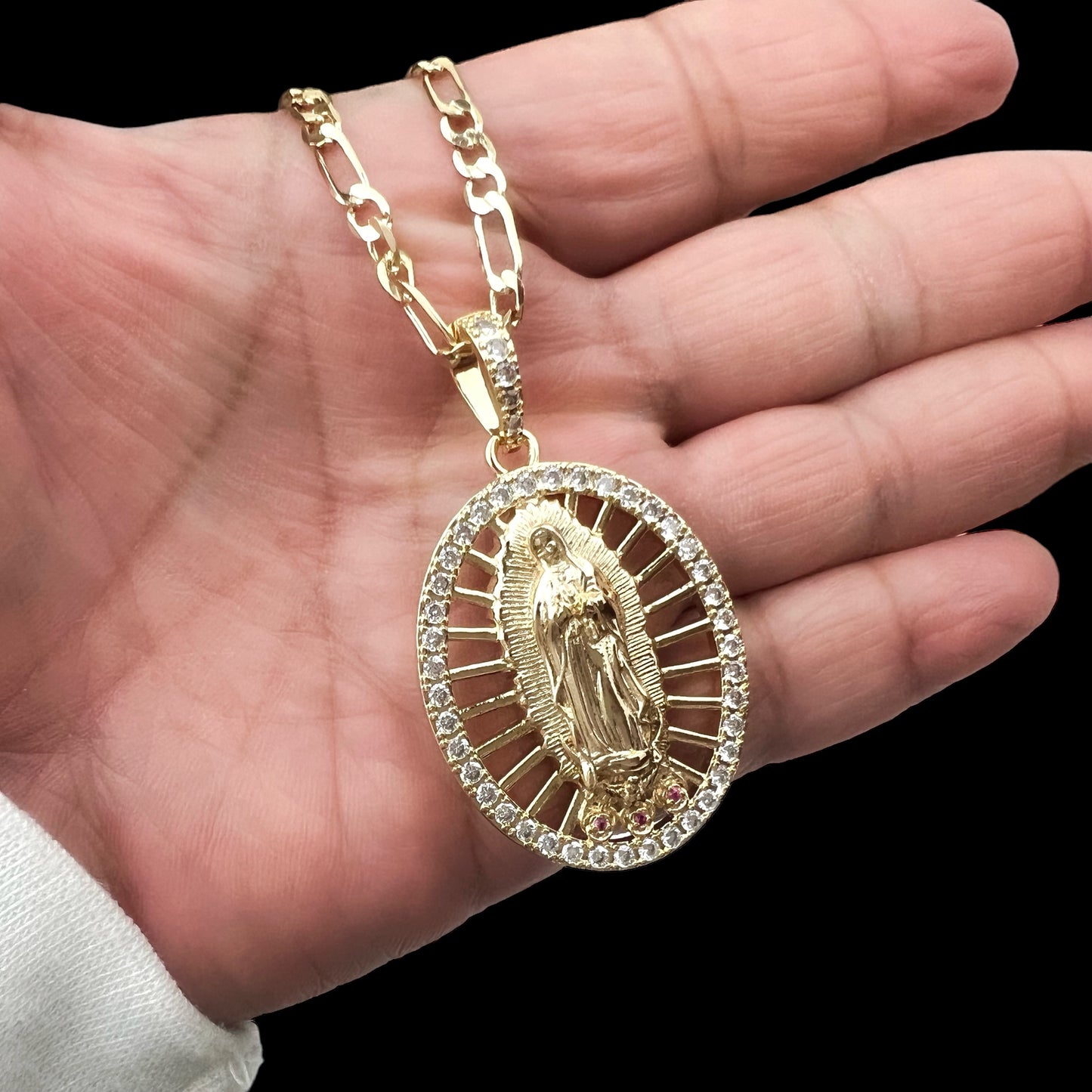 14K Gold Plated Guadalupe Virgin Mary Pendant Necklace for Women Men White Color Zircon Oval Virgin Mary 3.6mm Figaro Chain Necklace 24 inches