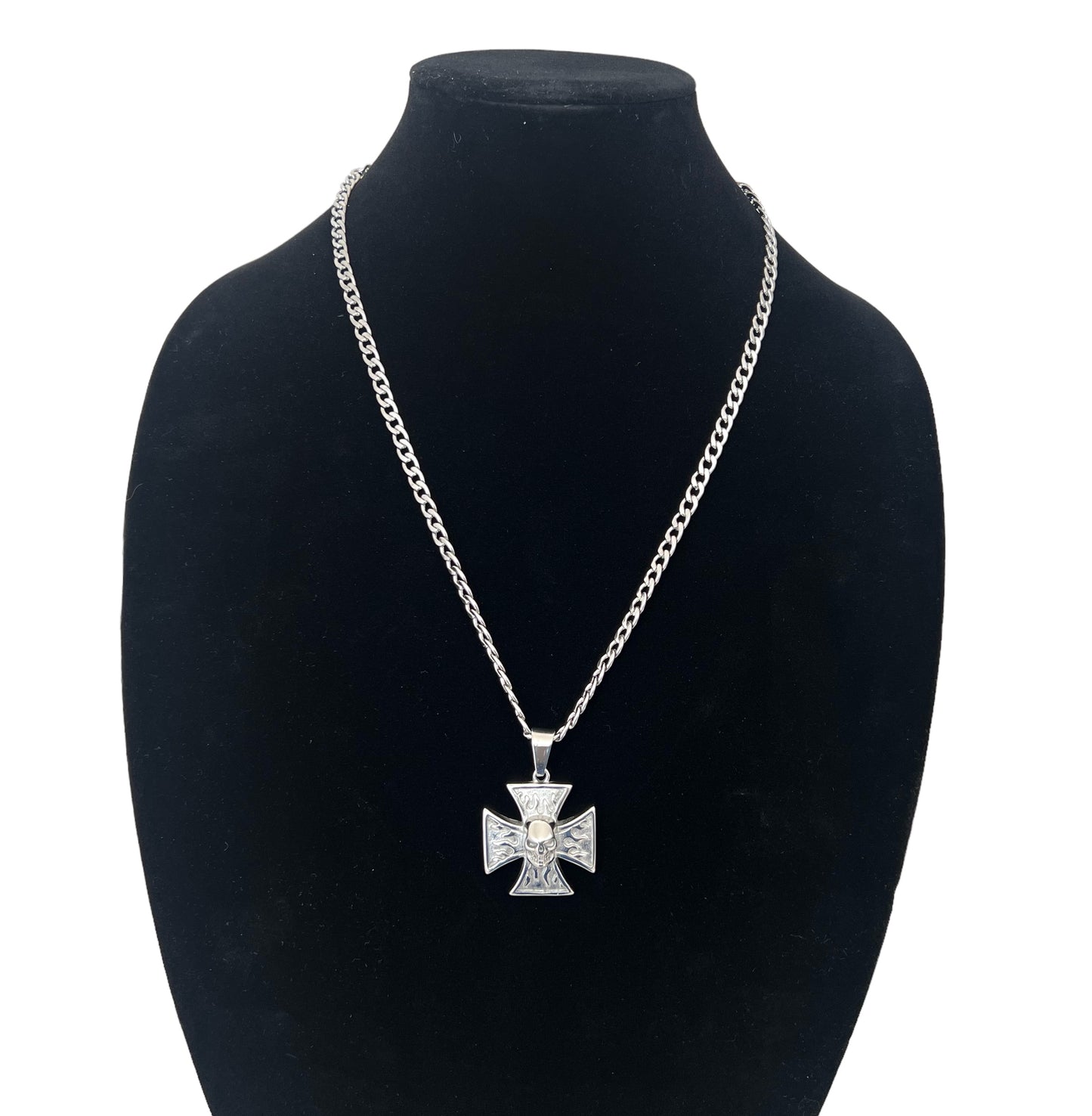 Biker Skull Cross Necklace 24” 4mm for Men Stainless Steel Pendant Gothic Skull Jewelry