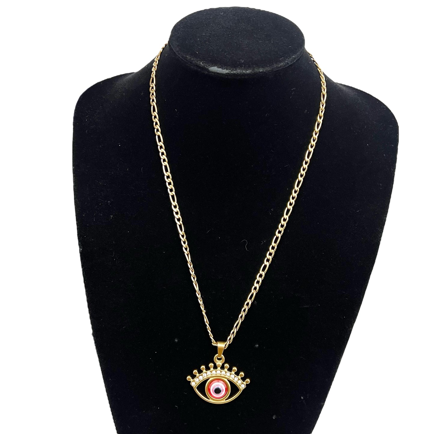 Gold Tone Evil Eye Necklace for Women Men CZ 22in 3mm Figaro Chain Necklace