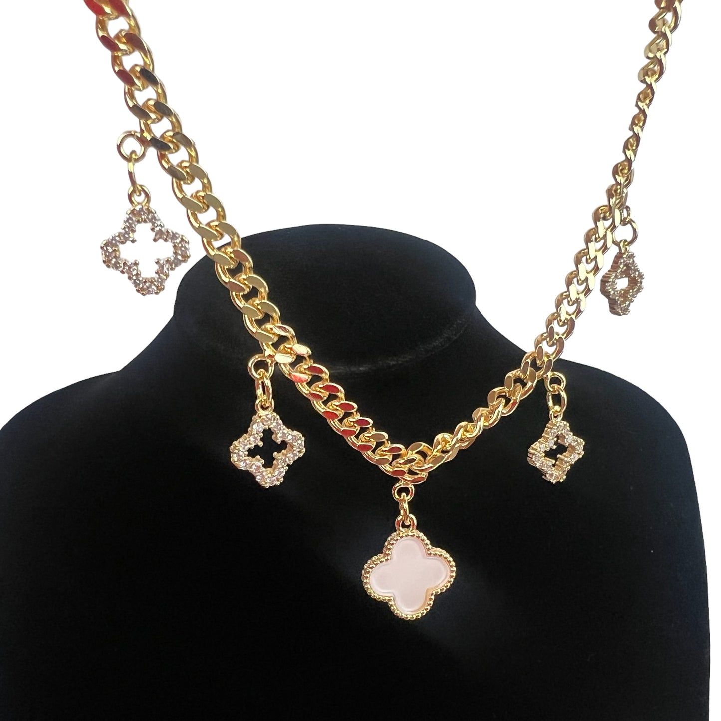 Four Leaf Clover Necklace Pendant Charms for Women, 18K Gold Plated Necklace in 18in Curb Chain