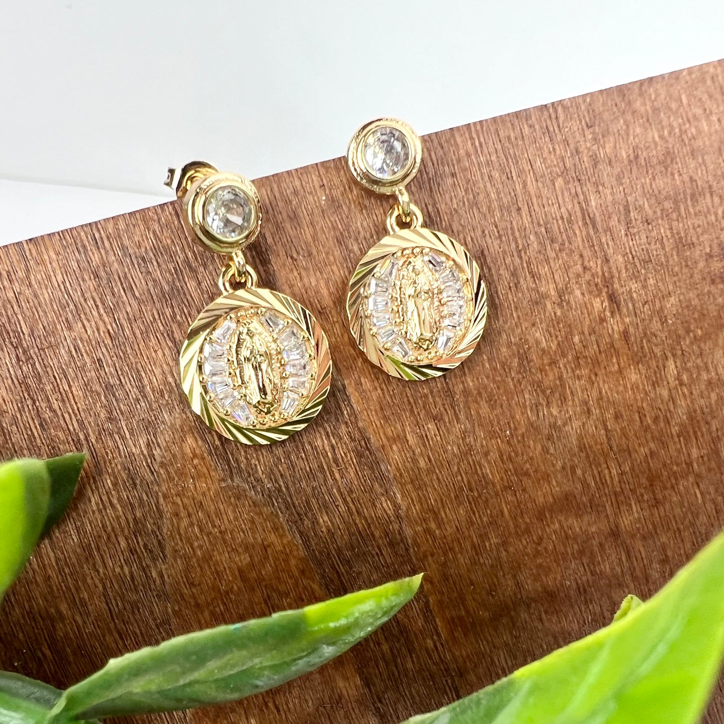 14K Yellow Gold Plated CZ Our Lady Guadalupe Stud Earrings with Push Back