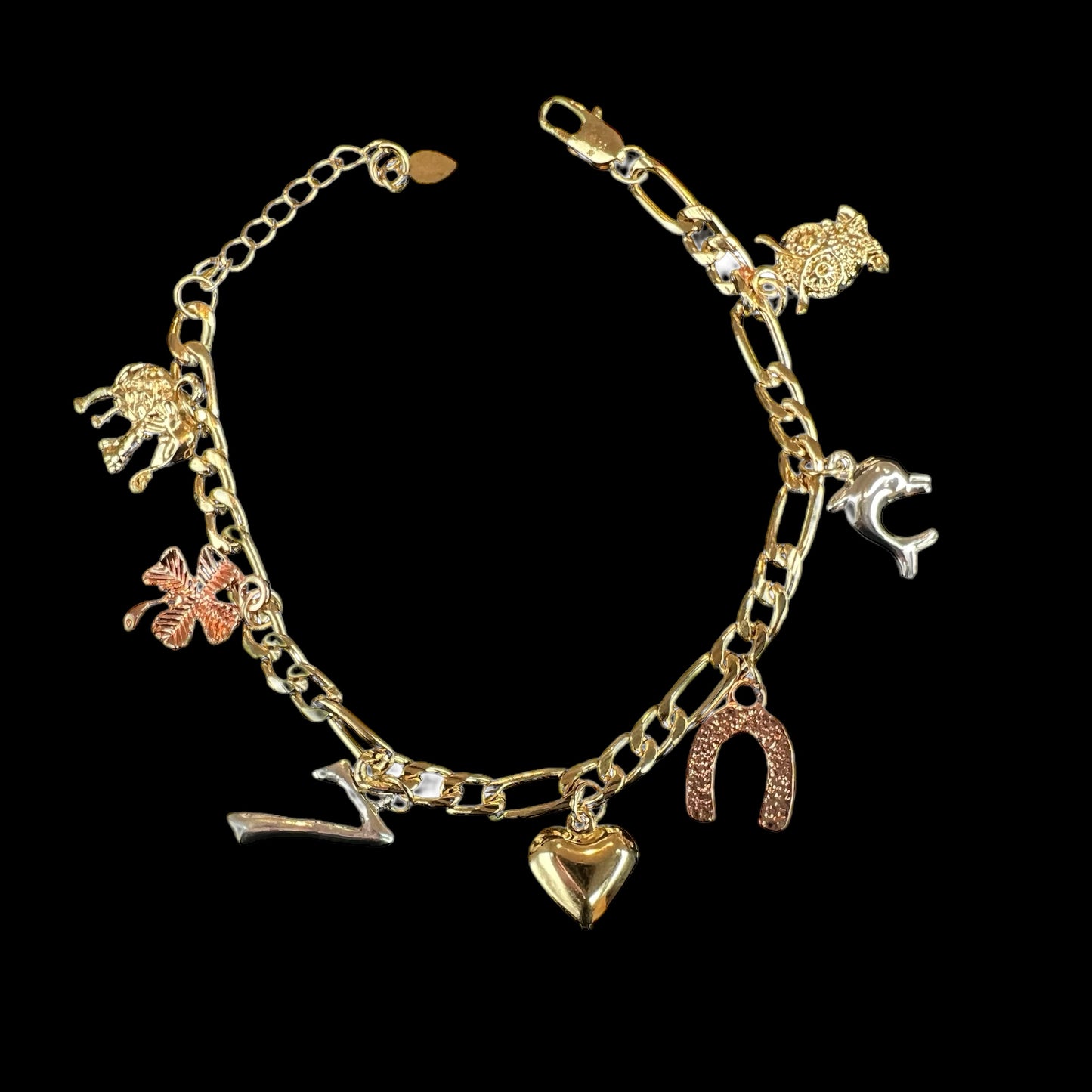 Multi Charm Lucky Elephant Bracelet For Women Teens 14K Gold Plated Brass 7.5 Inch