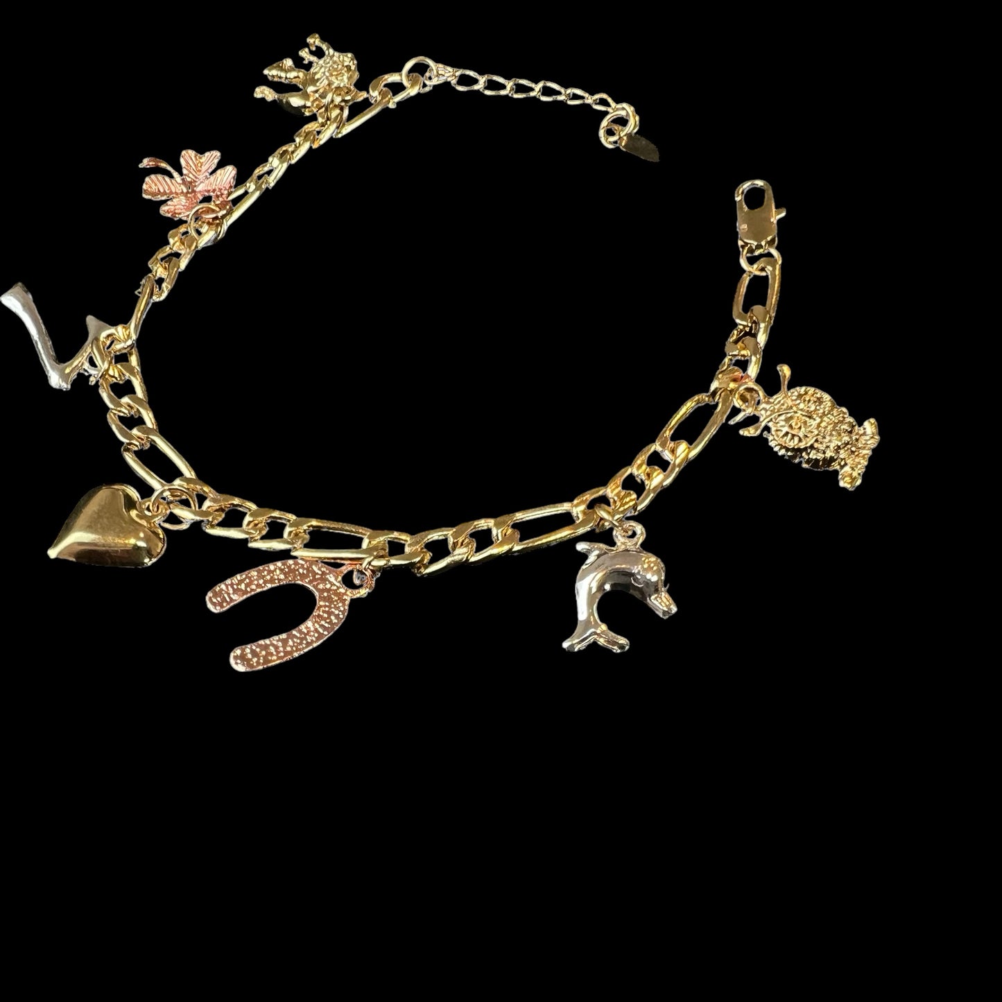 Multi Charm Lucky Elephant Bracelet For Women Teens 14K Gold Plated Brass 7.5 Inch