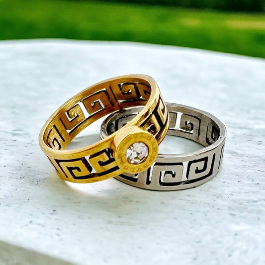 Greek Key Ring Band Set Stainless Steel Silver & Gold Set