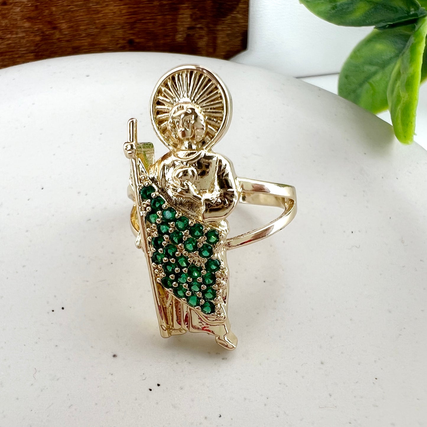 Saint Jude Green Stone Ring 14K Gold Plated San Judas Anillo Saint Jude Ring Size 8-9