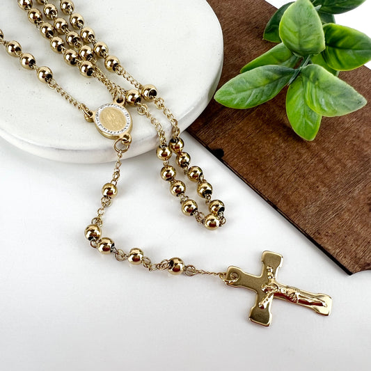 18k Gold filled Stainless Steel Rosary Necklace Religious Cross 26” Virgin Mary Virgencita San Judas San Benito