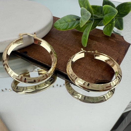 14K Greek Key Pattern Hoop Earrings- Gold Plated 1.5” Round Hoop Earrings