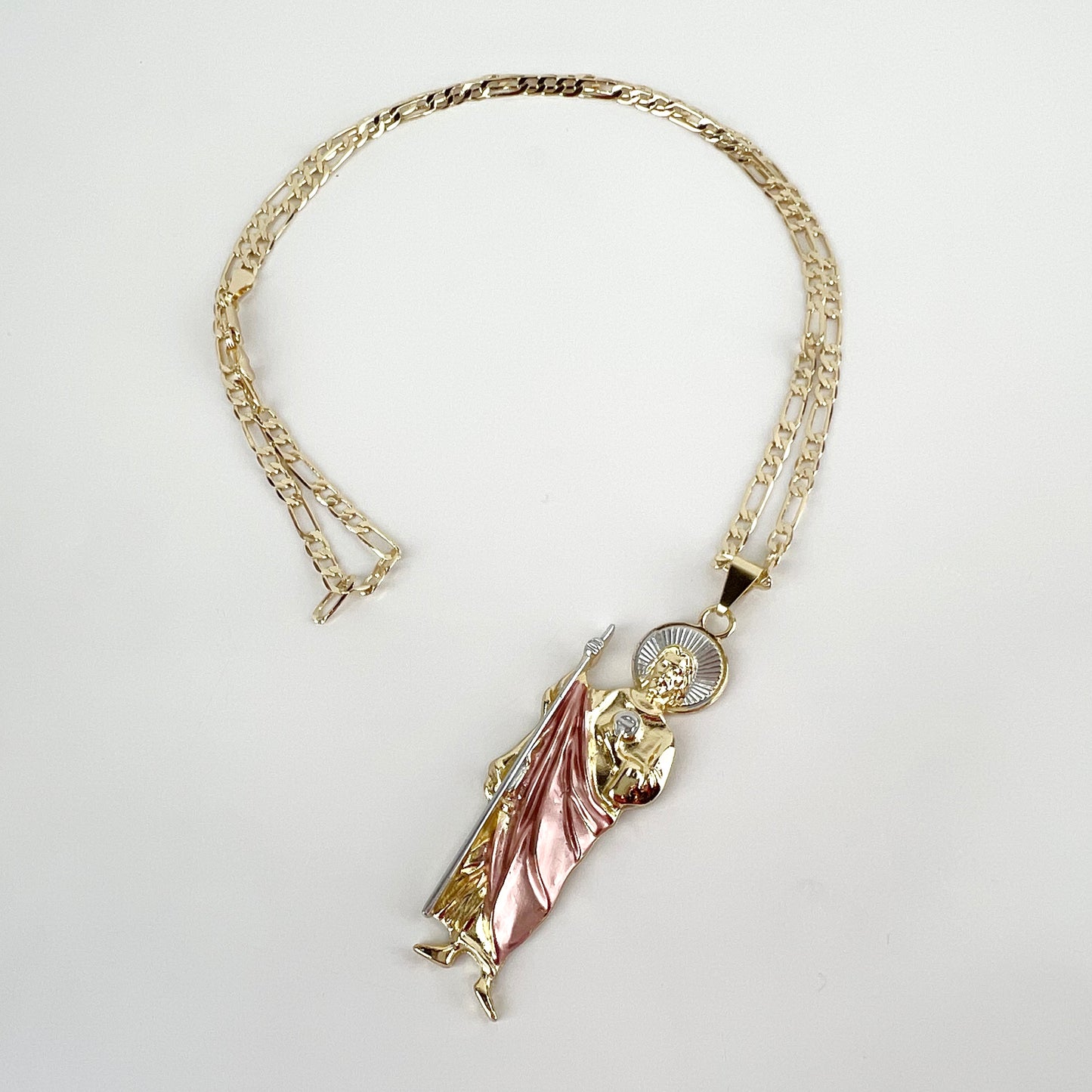 Saint Jude Pendant Pink w/ 24" Figaro Chain Medalla Necklace San Judas 2.8in Pendant 14K Gold Plated