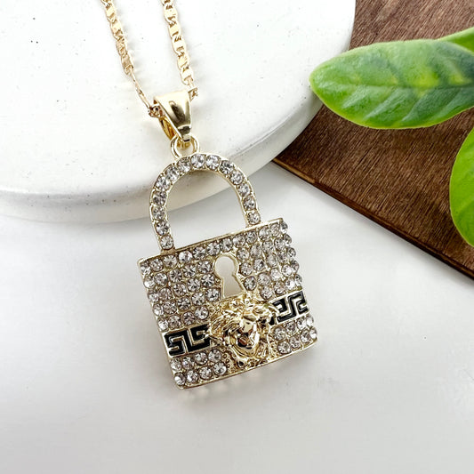 14K Gold Plated 1.5” Greek Key Medusa Cubic Zirconia Lock Pendant & 26" Cross Chain 2mm Necklace