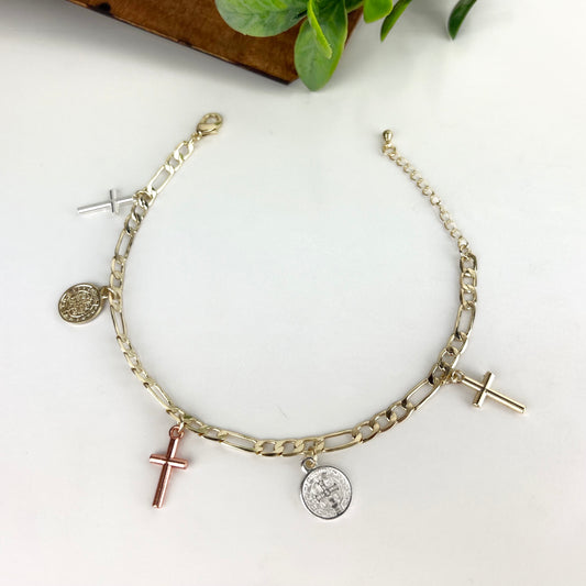 14K Gold Plated Religious Bracelet with Saint Benedict Coins TriColor