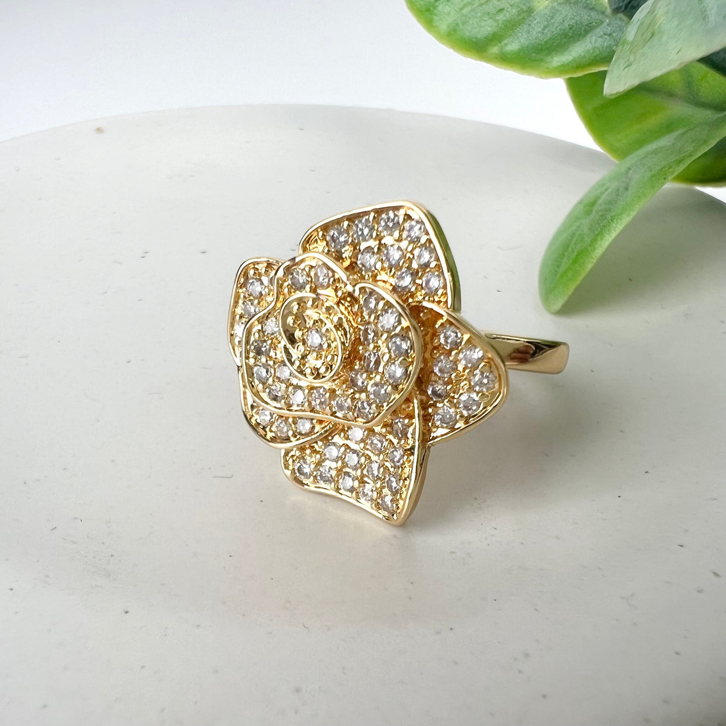 Crystal Blooming Rose Flower/Clover Adjustable Statement Ring