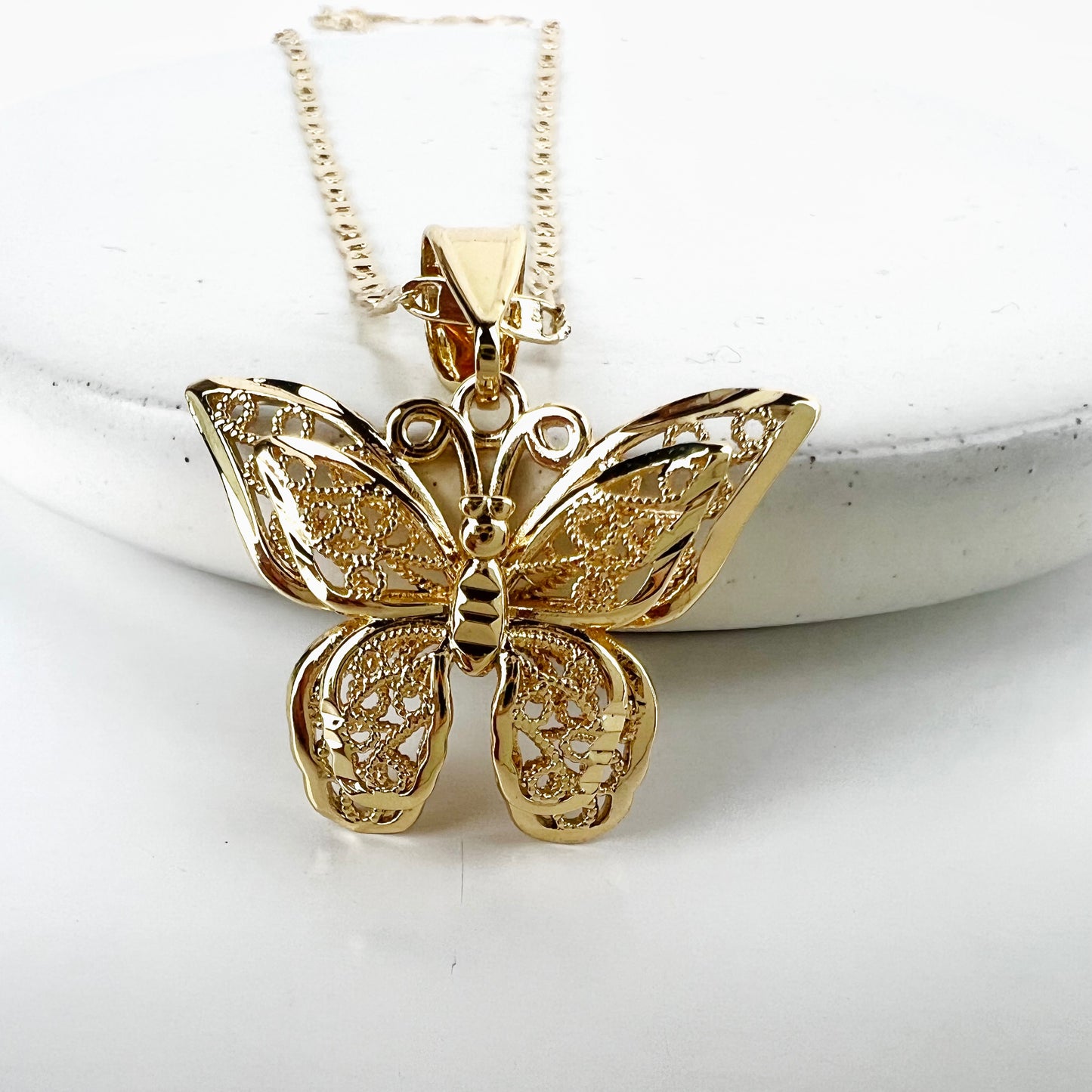 14K Gold Plated ButterFly 1” Pendant & Valentino Chain 18" 2.5mm Butterfly Necklace