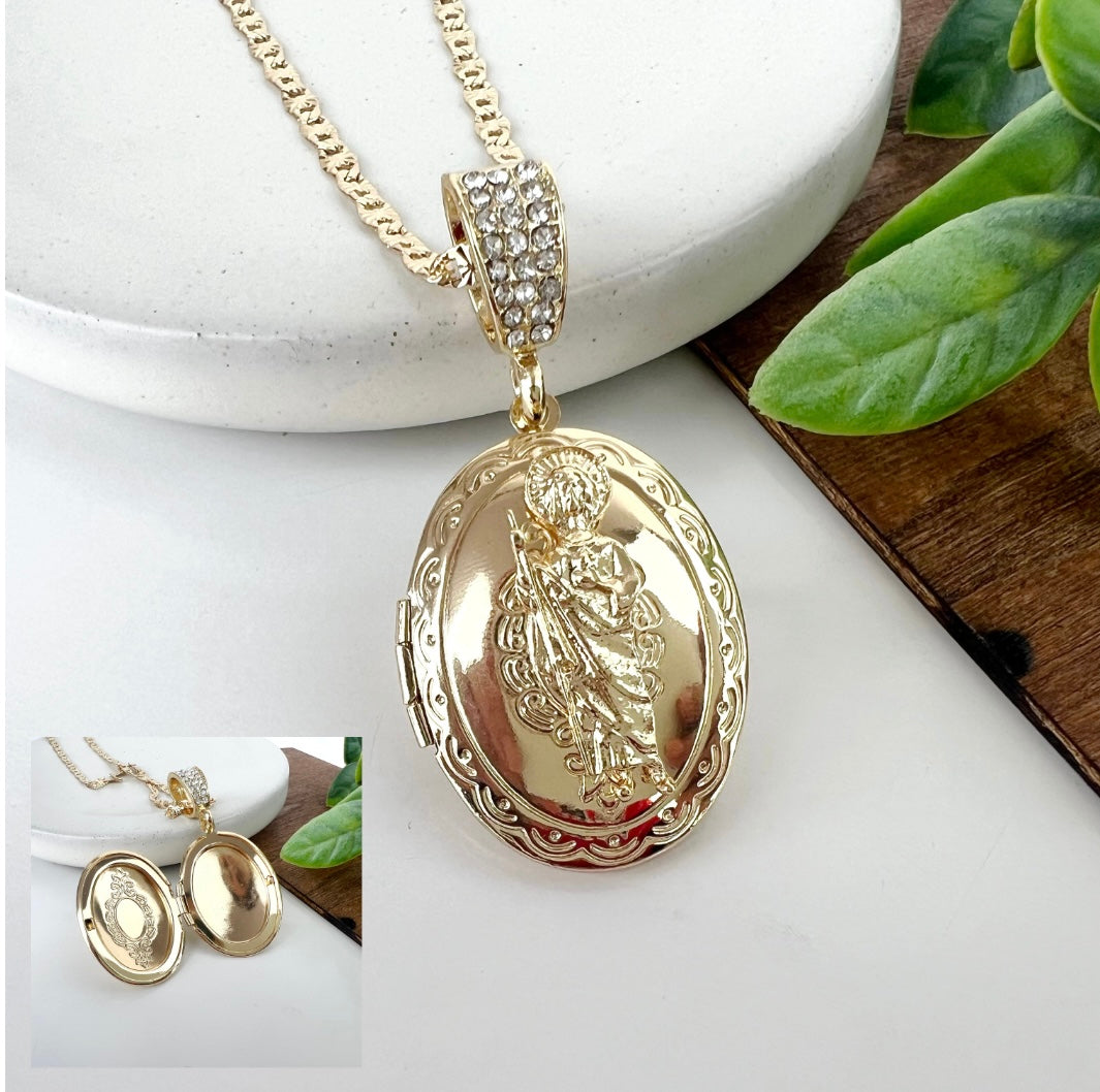 Saint Jude Pendant Locket w/ 24in Cross Chain Necklace San Judas 2” Pendant 14K Gold Plated