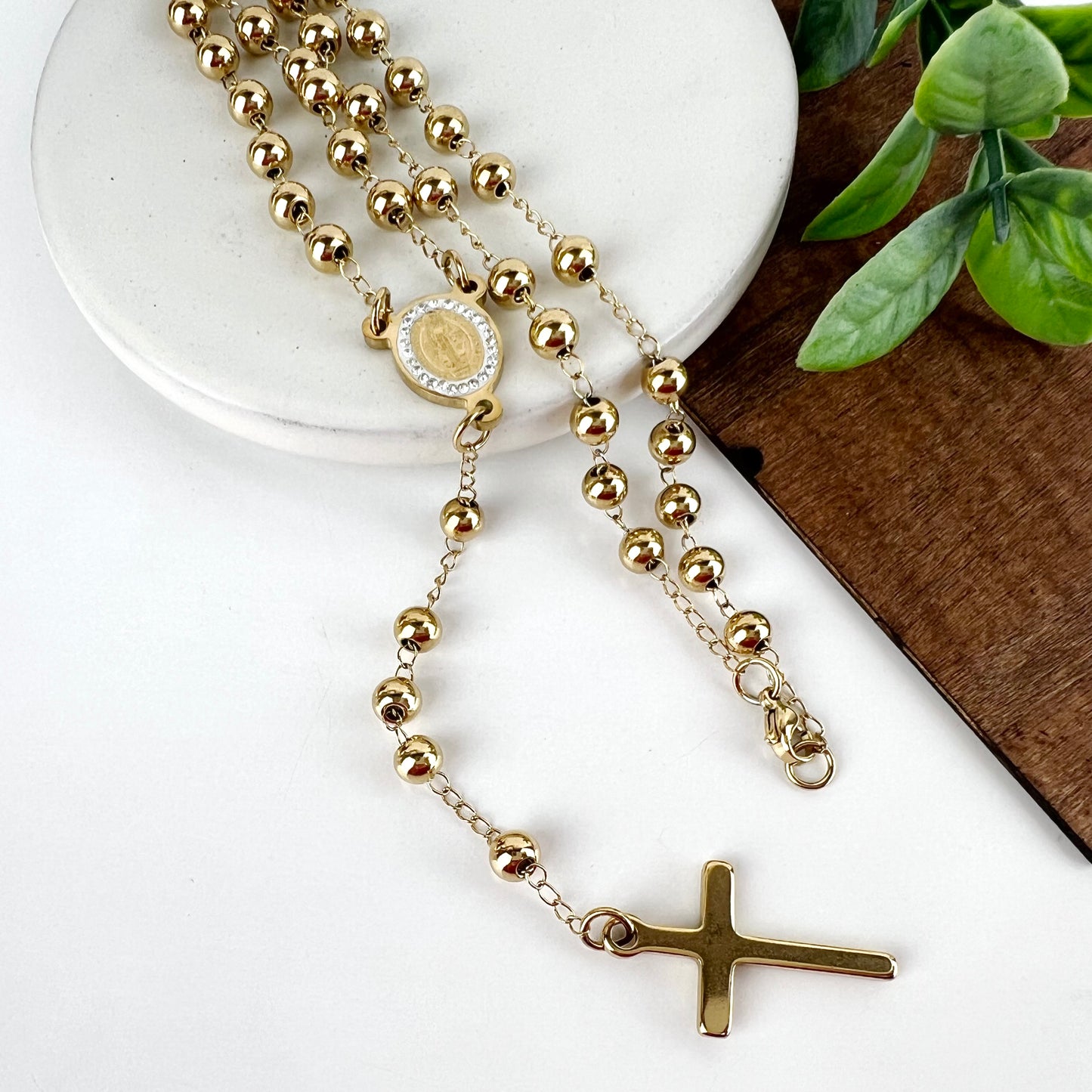 18k Gold filled Stainless Steel Rosary Necklace Religious Cross 26” Virgin Mary Virgencita San Judas San Benito