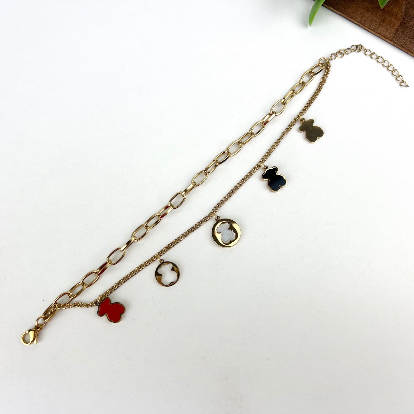 Stainless Steel Gold Plated Teddy Bear Charm Multi Linked Chain Strand Bracelet