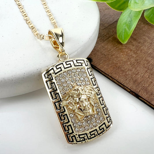 14K Gold Plated 1.5” Greek Key Medusa Cubic Zirconia Pendant & 24" Cross Chain 2mm Necklace