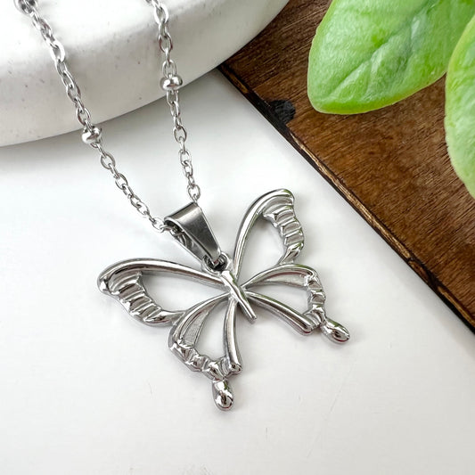 Stainless Steel Butterfly Necklace Pendant Butterflies Jewelry 22in Bead Chain