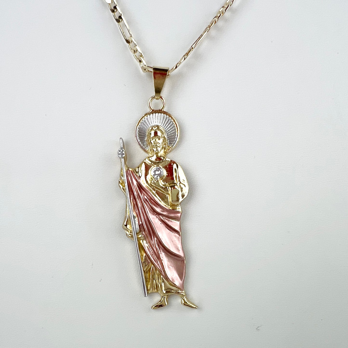 Saint Jude Pendant Pink w/ 24" Figaro Chain Medalla Necklace San Judas 2.8in Pendant 14K Gold Plated