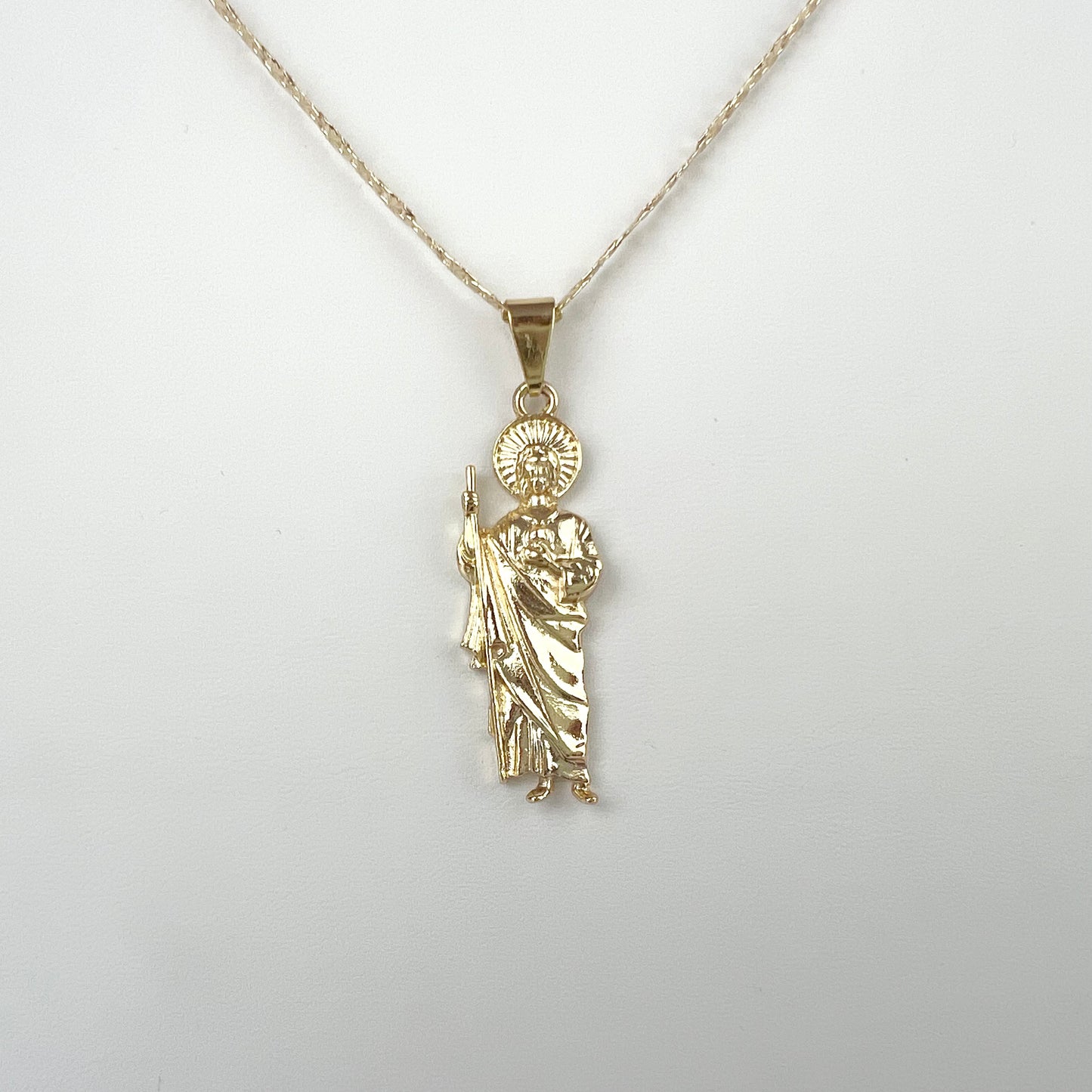 Saint Jude Pendant w/ 24in Cross Chain Necklace San Judas 2in Pendant 14K Gold Plated