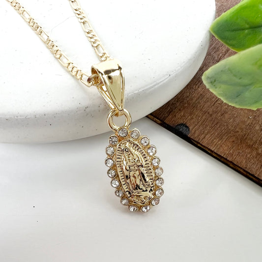 14K Gold Plated La Virgen De Guadalupe CZ Pendant Figaro Chain 18" 2.5mm