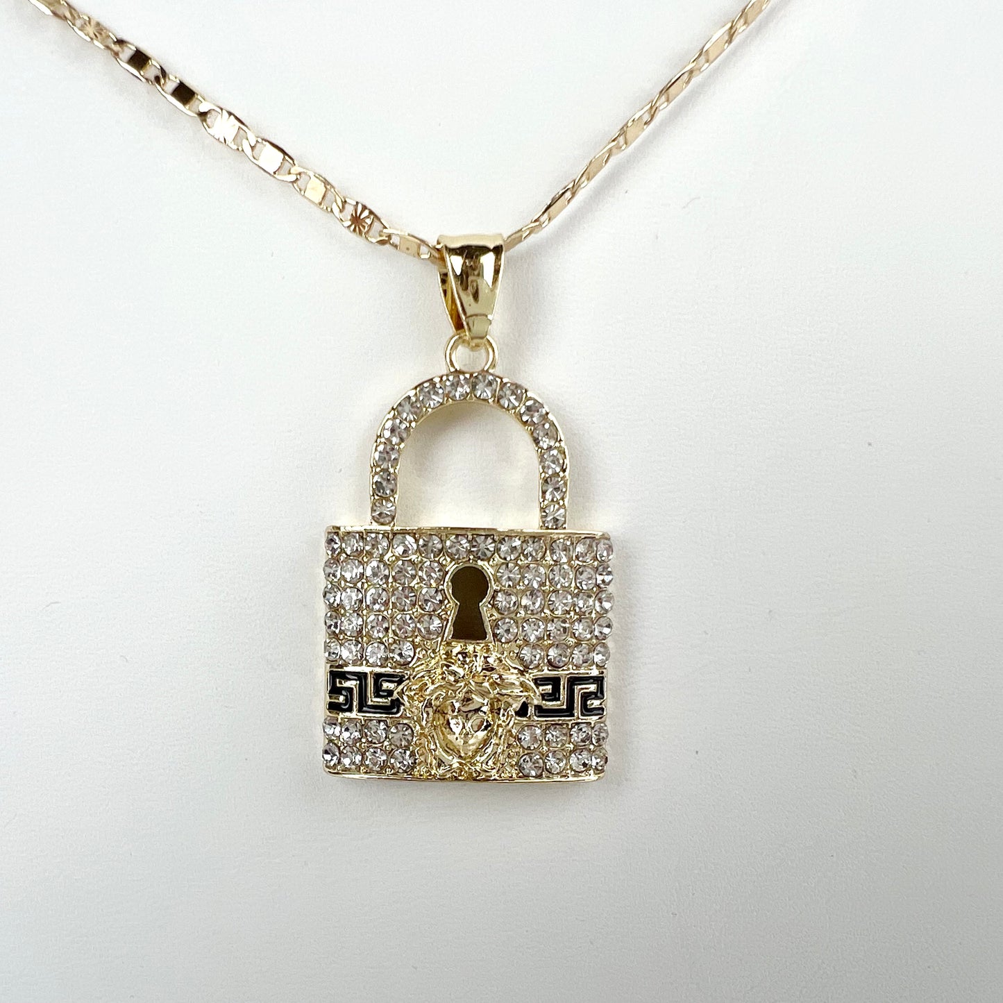 14K Gold Plated 1.5” Greek Key Medusa Cubic Zirconia Lock Pendant & 26" Cross Chain 2mm Necklace