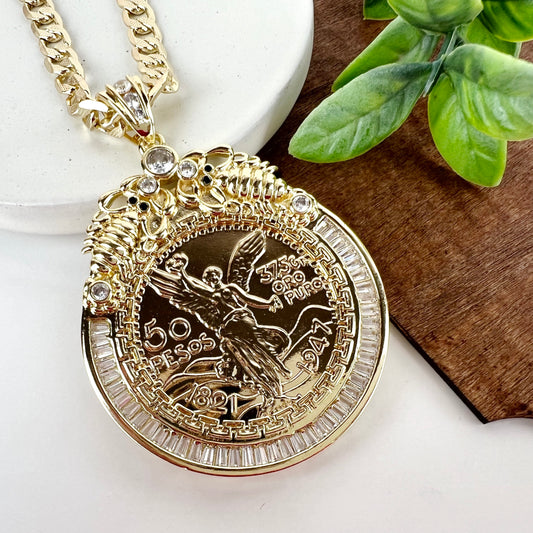 14K Gold Plated Mexican Centenario 50 Pesos CZ Pendant w 24 Flat Curb Chain 6mm