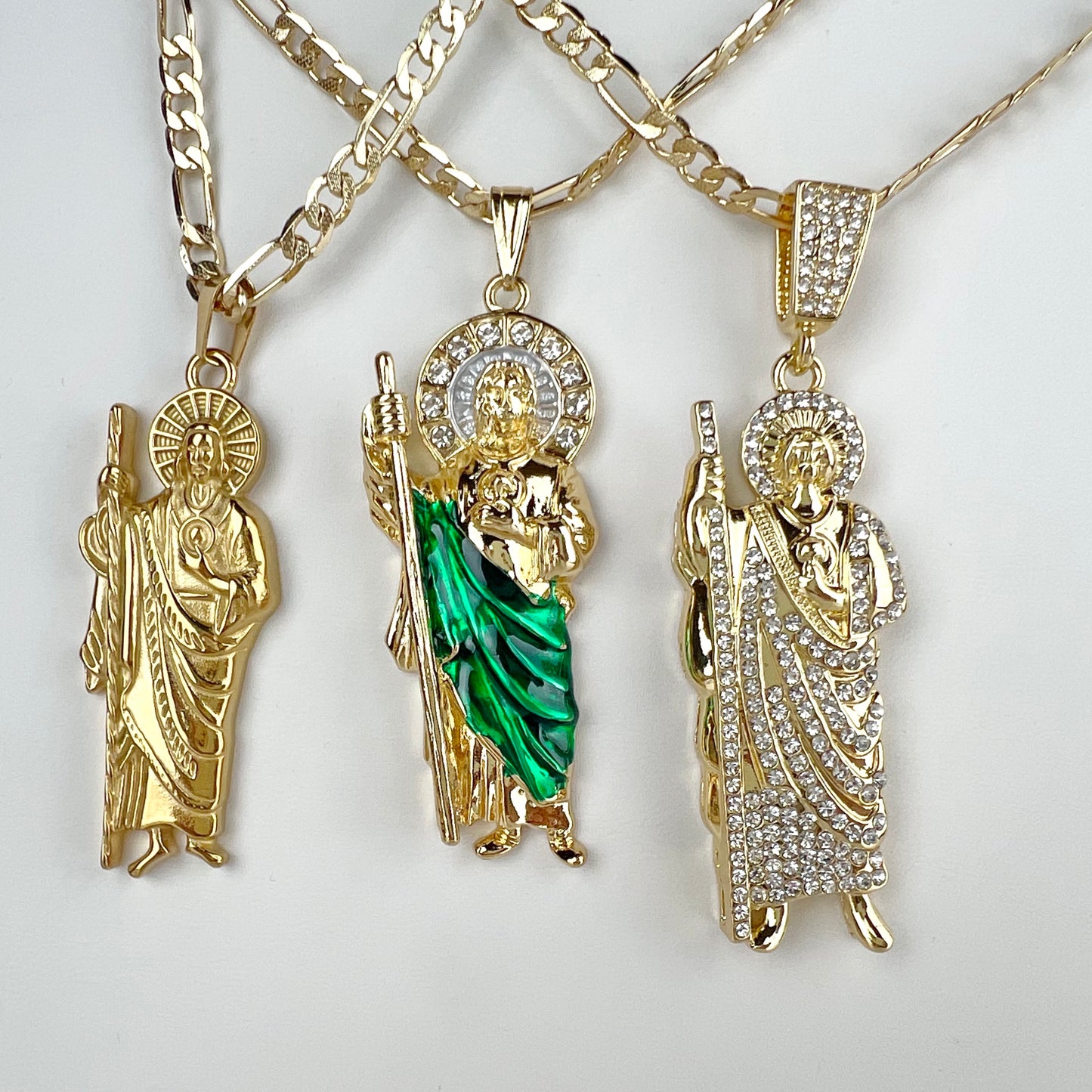 Saint Jude Pendant Figaro 24" Medalla Necklace San Judas 3” Pendant 14K Gold Plated