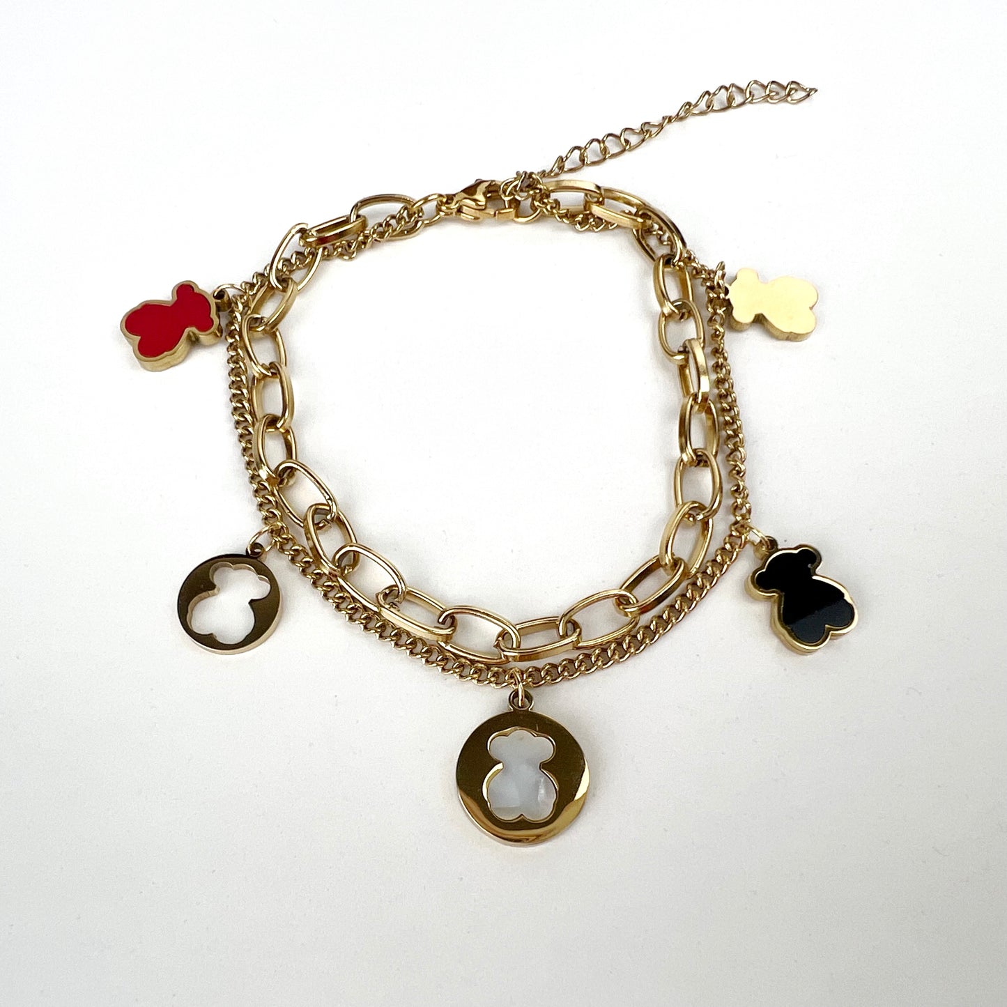 Stainless Steel Gold Plated Teddy Bear Charm Multi Linked Chain Strand Bracelet