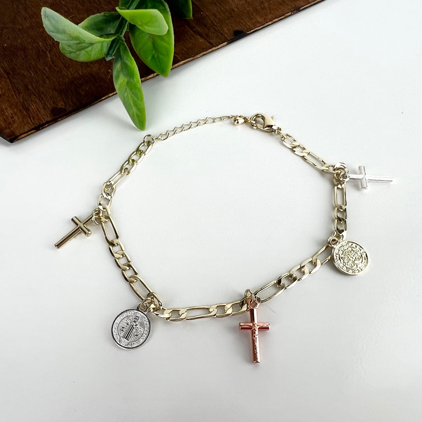 14K Gold Plated Religious Bracelet with Saint Benedict Coins TriColor