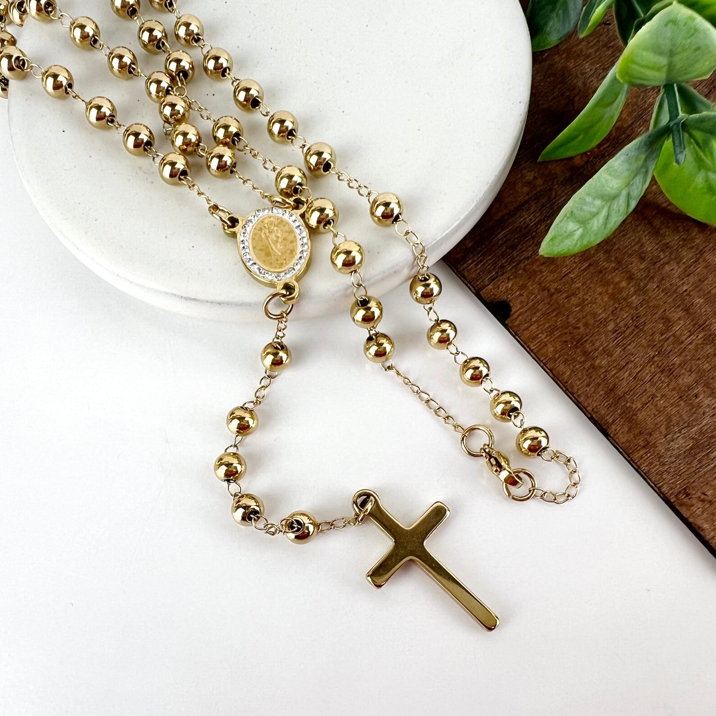 18k Gold filled Stainless Steel Rosary Necklace Religious Cross 26” Virgin Mary Virgencita San Judas San Benito