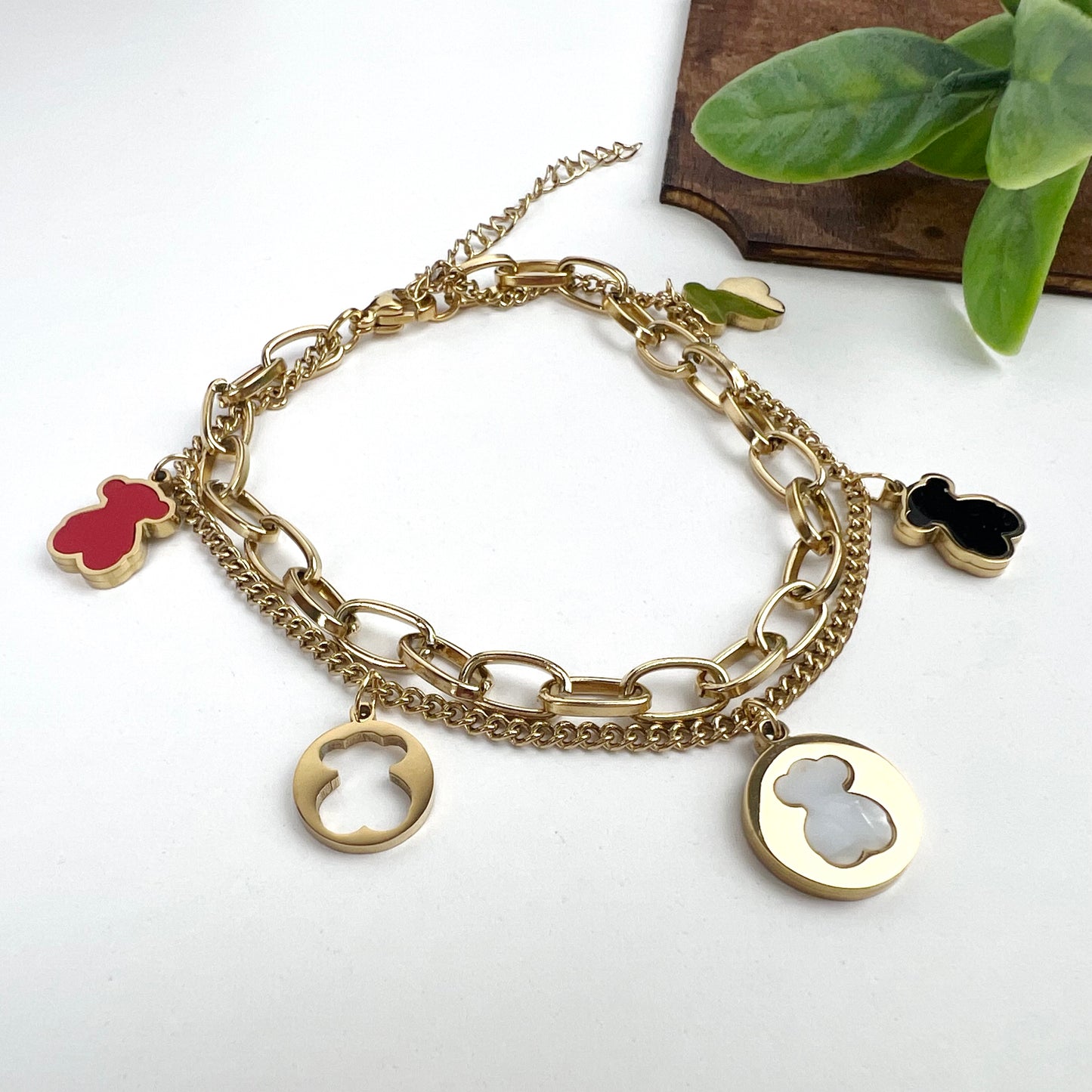 Stainless Steel Gold Plated Teddy Bear Charm Multi Linked Chain Strand Bracelet