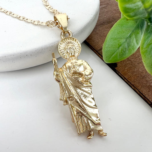 Saint Jude Pendant w/ 24in Cross Chain Necklace San Judas 2in Pendant 14K Gold Plated