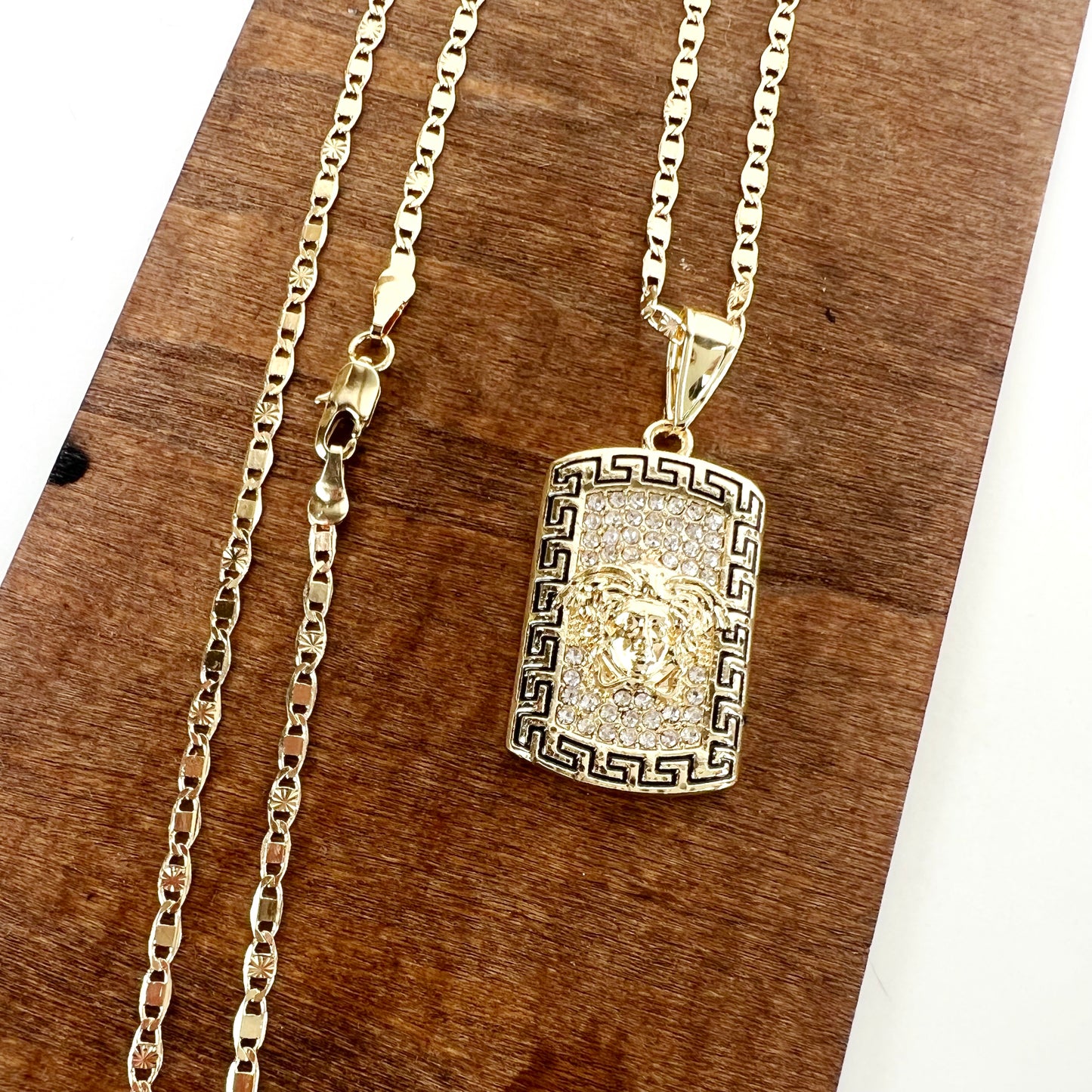 14K Gold Plated 1.5” Greek Key Medusa Cubic Zirconia Pendant & 24" Cross Chain 2mm Necklace