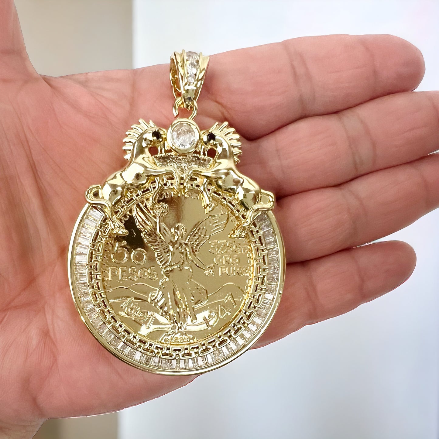 Hip Hop 14k Gold Plated Centenario Pendant Cubic Zirconia Horse Figure Bling