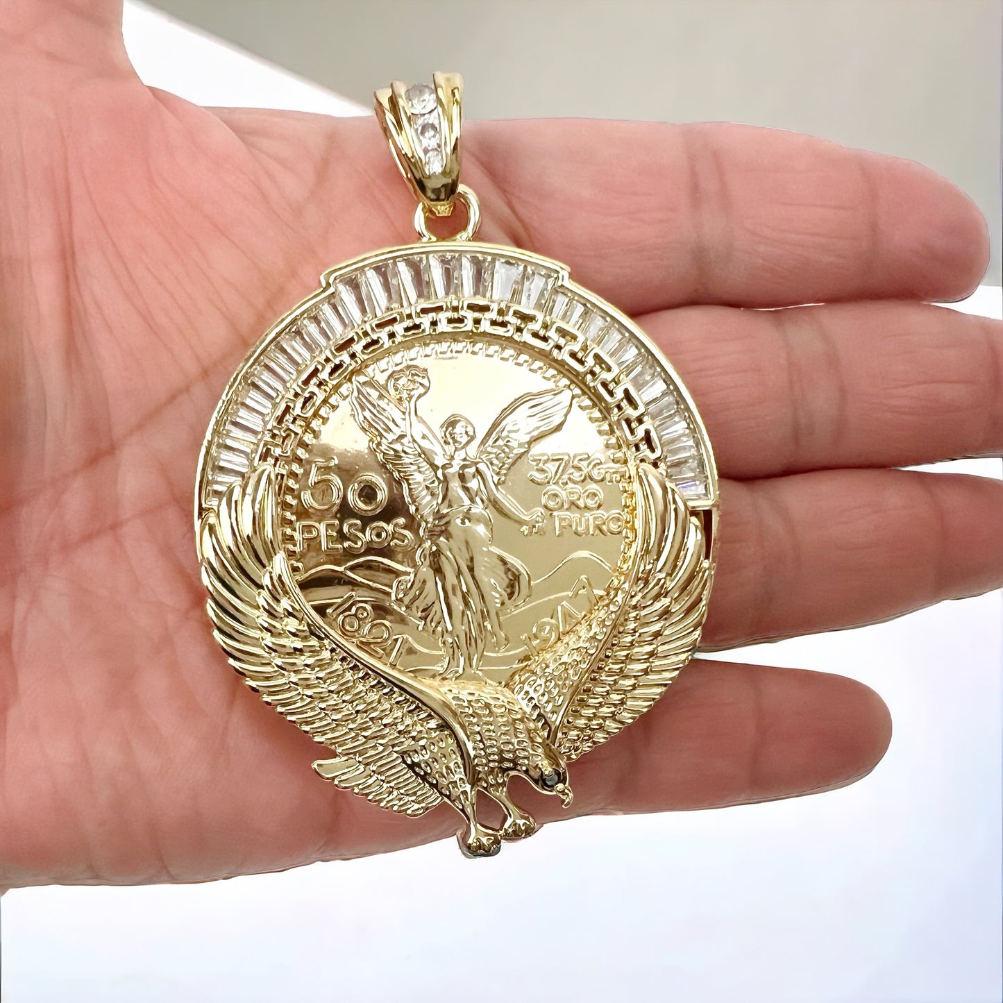 Hip Hop 14k Gold Plated Centenario Pendant Cubic Zirconia Mexican Eagle Bling