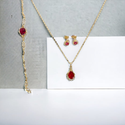 Necklace Earrings Bracelet Set, 14K Gold Plated Garnet Red Jewelry Set Wedding Party Gift Jewelry for Women