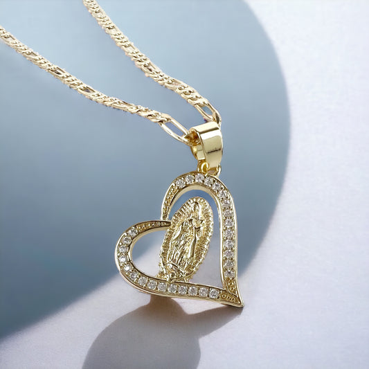 14K Gold Plated La Virgen De Guadalupe CZ Heart Pendant Figaro Chain 18" 2.5mm