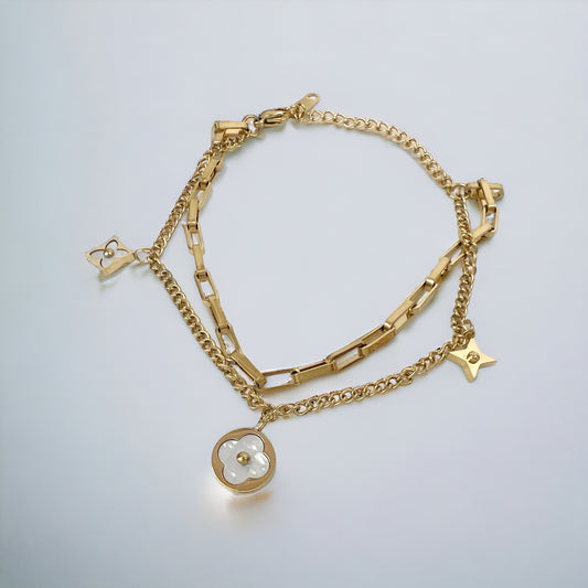 Womens 18K Gold Plated Stainless Steel Clover Flower Charm Double Layer Chain Bracelet